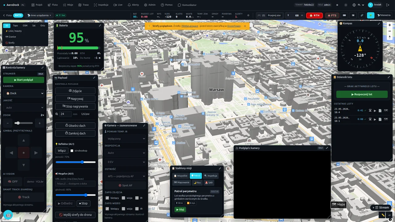 Pulpit operatora AeroDock — trójwymiarowa mapa miasta, telemetria drona Matrice 4D i podgląd kamery na żywo